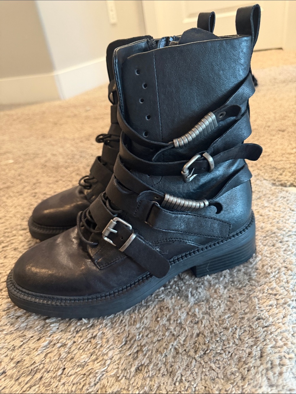 DKNY Black Leather Combat Boots with Buckle and Coil Wraps